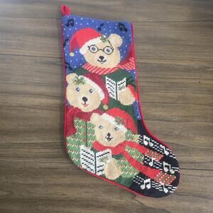 Needlepoint Christmas Stocking Wool 3 Bears Music Notes 19" Lined